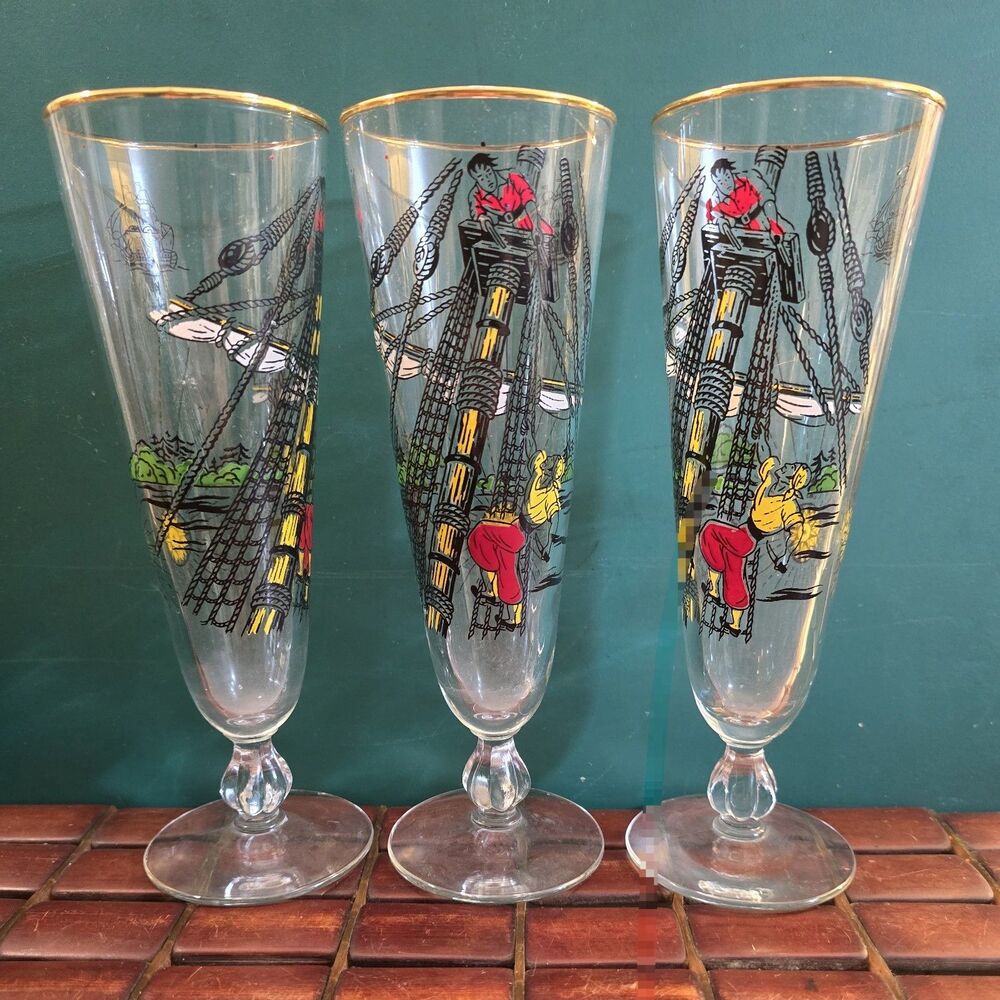 1950s Libbey Treasure Island Pirate Ship Pilsner Glasses 22K Gold Rims 12 Oz